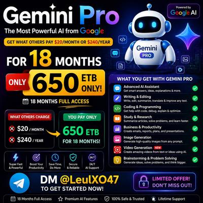 ♊️ Gemini Pro — ለ18 ወር በ650 ብር ብቻ! 🤖